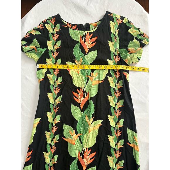 Vintage Hilo Hattie Floral Tropical Midi Dress Womens Size Medium Black Vacation - Picture 4 of 5